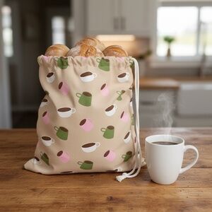 Tan Pink & Green Coffee Print Cotton Bread Bag, Reusable Bread Storage